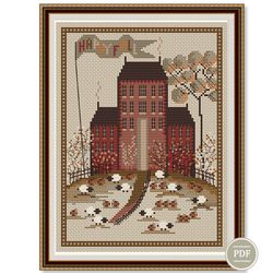 autumn village sampler cross stitch pattern pumpkins embroidery digital pdf file instant download 181