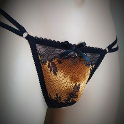 Men's Luxe Micro Bikini, Blac/gold Lace Men's Thong, Best gift for lover, Handmade to order by Lola Lingerie Brand