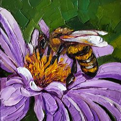 Honey Bee Painting Insect Original Art Small Oil Painting 4 by 4 Bumblebee Wall Art by AlyonArt