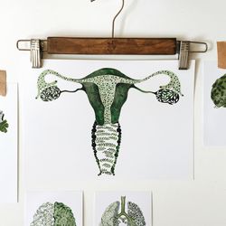 Watercolor poster "CORE OF NATURE", green uterus illustration