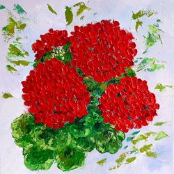 geranium painting flowers original art impasto oil painting red artwork floral abstract square 12x12 canvas garden