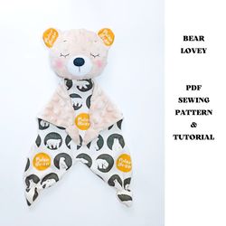 pdf sewing pattern bear lovey, security blanket, baby comforter, digital download