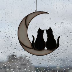 2 Black Cats On The Moon. Stained glass window hanging Suncatcher Gift for animal lover, pet loss memorial outdoor decor