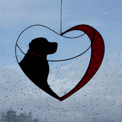 Dog Black Retriever Labrador in Red Heart. Art Stained glass window hanging Suncatcher. Gift outdoor pet loss memorial.