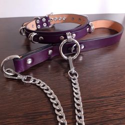 Purple leather bdsm collar with chain leash for submissive plus size