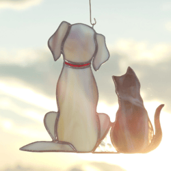 Friendship. Dog and Cat. Retriever Labrador. Art stained glass window hanging Suncatcher. Gift outdoor pet loss memorial
