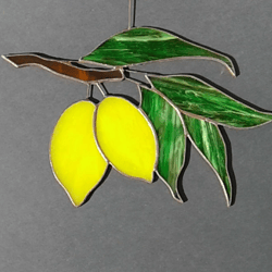 Yellow Lemons on Branch with Green Foliage . Art stained glass window hanging Suncatcher . Leaves leaf