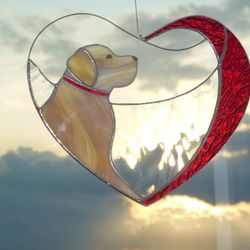 Dog Golden Retriever Labrador in Heart. Art Stained glass window hanging Suncatcher, Gift outdoor pet loss memorial.