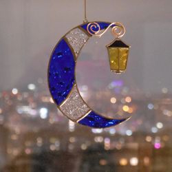 Moon with a Street Light . Stained glass window hanging Suncatcher