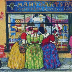 pdf counted vintage cross stitch pattern | next to the showcase | boris kustodiev 1921 | 6 sizes
