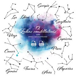 12 Zodiac constellations clipart and space backgrounds.
