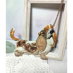 Dog brooch, pendant on a chain, basset hound brooch, exclusive embroidery