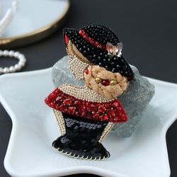 Embroidered Brooch Girl in a Hat. Beaded Brooch Handmade. Girlfriend Gift