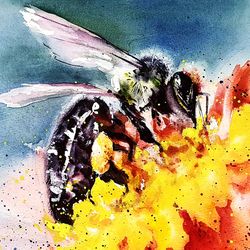 Bee Painting Original Art Insect Wall Art Daisy Honeybee Painting Bee Wall Art Bee on Flower Bee Art 9x12" Yushkova