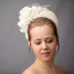 Champagne flower fascinator headband for wedding guest, halo crown headband inspired by Kate Middleton half flower crown