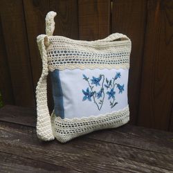 White Blue Crochet Bag Knitted Women Hobo Bag Textile summer bag with embroidery bluebels Boho bag Cottagecore outfit