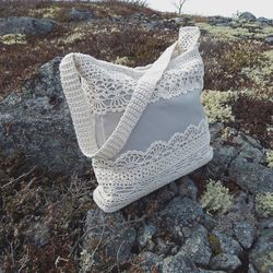 Crocheted cotton white lace bag
