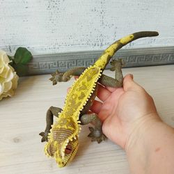 Crested gecko. Tree lizard. Realistic soft figure of a ciliated gecko. Crocheted reptile. Interior stuffed toy lizard.