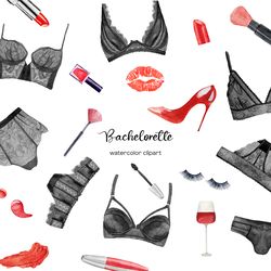 Watercolor lingerie clipart, black and red bachelorette set