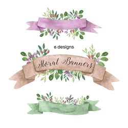 watercolor ribbons with flowers, floral banner clipart