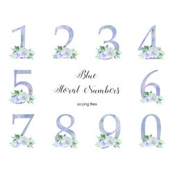 Watercolor floral number 0-9 blue digits with flowers
