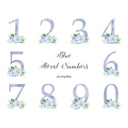 watercolor floral number 0-9 blue digits with flowers
