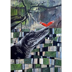 Alligator art Crocodile original painting Black paper artwork Ethnic wall art Animal watercolor by Rubinova Olesya