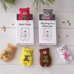 Bear Hug, Small bear in a box. Matchbox Gift. I Miss You Gift. Felt Bear Ornament. Pocket Hug. Matchbox love