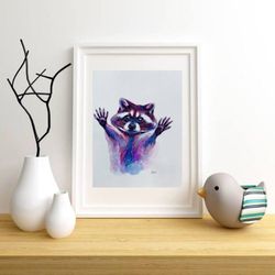 Raccoon Gouache Painting, Original Raccoon Art, Baby Racoon Wall Decor, Small Painting, Nursery Animal Art