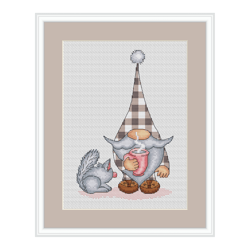 Gnome cross stitch pattern PDF, coffee gnome, pet cross stitch, gnome with cat, plaid gnome, cute cat cross stitch