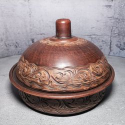 Pottery casserole Tagine large handmade from red clay Brown tagine with carved