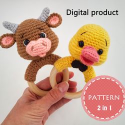 Crochet baby rattle Pattern: Bull Crochet Baby Toy and Duck Crochet Baby Toy, Baby Rattle /Teether, Holder Pattern