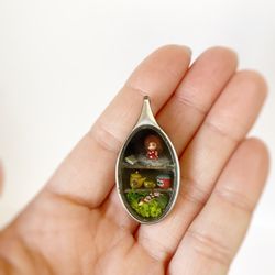 Tiny fairy house, micro miniature pendant with doll. Miniature diorama, doll house kit. Locket unique necklace