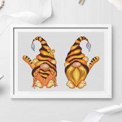 Tiger gnomes cross stitch pattern PDF, funny gnomes cross stitch, animal gnomes, gnome embroidery design
