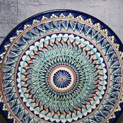 Ceramics large plate diameter 16.33 inches Handmade tray Bright pattern