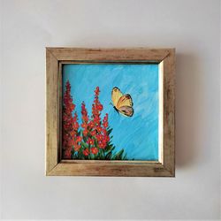 Butterfly Painting Yellow Butterfly Miniature Painting Impasto Insect Wall Art Butterfly mini Framed Painting Wall decor