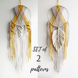 Set of 2 Macrame Patterns PDF, Dream Catcher with feather, DIY Wall Hanging with leaf