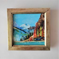 Mountain landscape painting Mountain lake original impasto painting small wall art Landscape miniature painting artwork