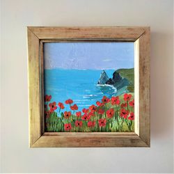 Poppies painting Landscape Poppies painting small wall decor Ocean mini painting wall art Floral impasto painting
