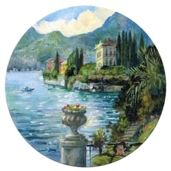como lake landcscape. round original painting d7"