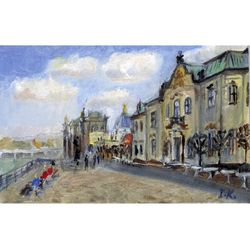 dresden landscape embankment of the river elbe. original oil painting 6x4