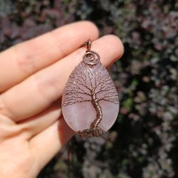 Rose Quartz Tree Of Life Wire Wrap Pendant Necklace, 7th Anniversary Gift for Wife, Copper Anniversary Gift for Husband