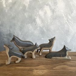 Wooden wolf figurines (5 pcs) - Woodland animals - Wooden toys - Baby gift