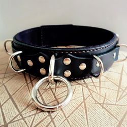 Quality black leather bdsm collar with soft suede lining for women. Plus size male collar for sub