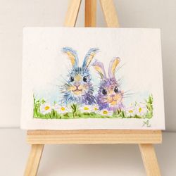 Rabbit painting watercolor original art ACEO couple of rabbits