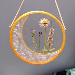 Moon suncatcher with pressed flowers in resin art, framed pressed flower frame, Resin moon  wall decor
