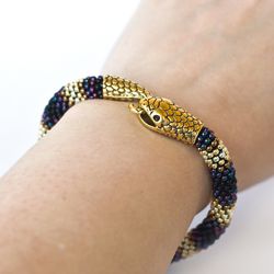 black snake bracelet, ouroboros bracelet, witch jewelry, unisex bracelet, bangle bracelet, bead crochet bracelet