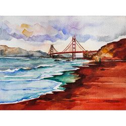 Golden Gate Bridge San Francisco Art California Original Painting Watercolor Landscape Seascape Wall Art by AlyonArt