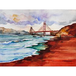 golden gate bridge san francisco art california original painting watercolor landscape seascape wall art by alyonart