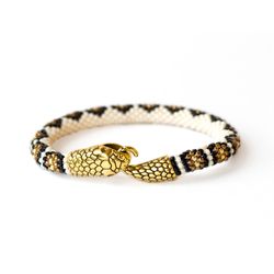 Ouroboros jewelry, Beaded snake bracelet femme, Beige and brown bracelet